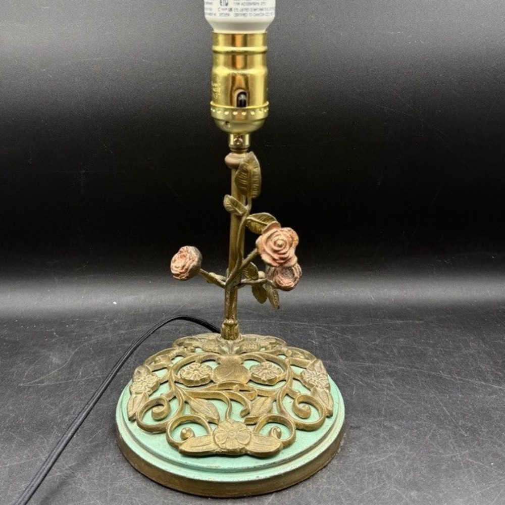 Vintage Art Deco Brass Green Rose Table Lamp Home Fairy Floral Verdigris Cottage - Picture 1 of 12